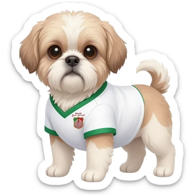 white and light brown shih zhu wearing a South Arabia soccer jersey v neck 2026 work cup sticker