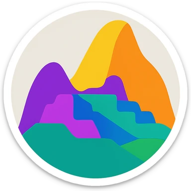 Transform the Machu Picchu logo into a circular badge shape, keeping the abstract vibrant color style and preserving the transparent background, emphasizing vibrant abstract colors and dynamic composition. sticker