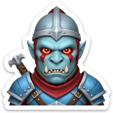 Fantasy Christmas orc legion soldier icon, iron tundra army theme, heavy winter armor, disciplined brutal look, cold steel armor cracked with frozen crimson lines, bloodfrost effect, icy blue and dark red color palette, minimal clean emoji style sticker