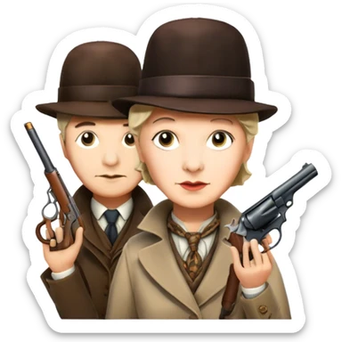 Icon for Detective Movies: A colorful collage with Sherlock Holmes, Miss Marple and Pinkerton. Include gun, clues and detective tools. The design should evoke mystery and intrigue, with a classic detective movie feel. Transparent background. sticker