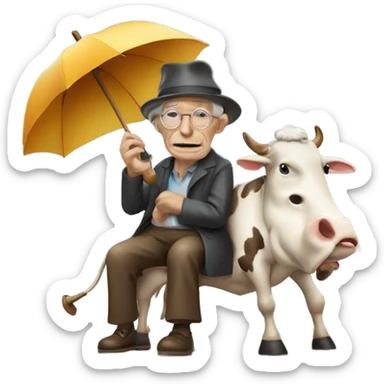 an old person wearing a hat riding a cow with umbrella and smoking a pipe sticker