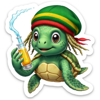 Sea turtle, taking a bong rip. wearing a rasta beanie with dreads. sticker