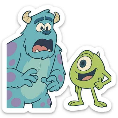 James P. Sullivan Sulley from Monsters Inc, surprised expression, mouth open, blue fur, purple spots, cartoon style matching confident Mike Wazowski sticker