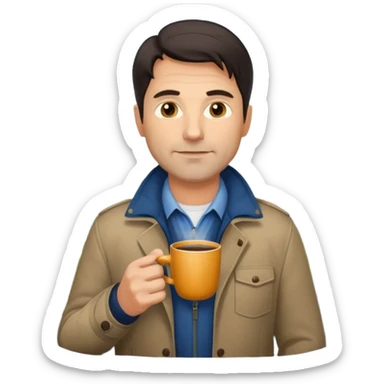 A handsome 45 year old white man with dark hair in a very foggy park drinking a cup of coffee sticker