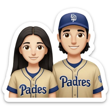 White Smiling couple. Girl has medium cheeks and a lot of freckles on the nose. Long hair. The boy has black short hair and prominent eyebrows with egipcian nose. Both are wearing “Los Padres” baseball jerseys and with a sign that says “Go Padres” sticker