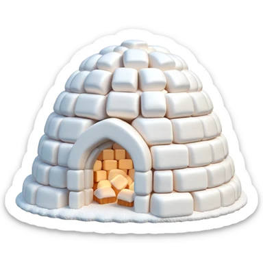 3D render of Marshmallow Igloo, made entirely of dessert materials, glistening sugar crystal texture, soft powdery white marshmallow bricks, delicious confectionery aesthetic, Apple emoji style, isolated on white background --v 6.0. sticker