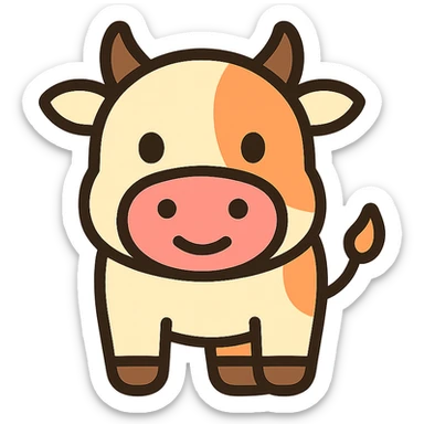 cute cartoon cow icon, rounded shapes, friendly expression, small horns, modern icon style sticker