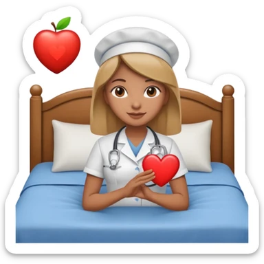 a caring nurse holding a heart symbol next to a bed icon, warm friendly Apple-style emoji sticker