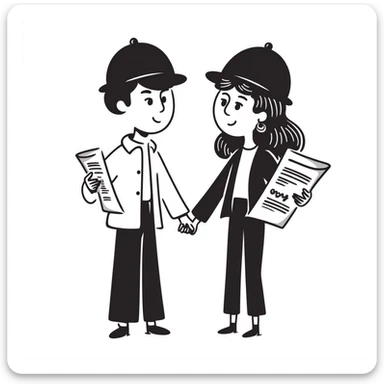 a couple holding hands, boyfriend with short brown hair, girlfriend with long brown curls, both wearing construction helmets and holding construction plans, hand drawn doodle style sticker