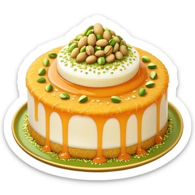 A small round emoji of traditional kanafeh with golden-orange crispy threads, a gooey white cheese center, and a light sprinkle of green pistachios. Warm and delicious-looking. sticker