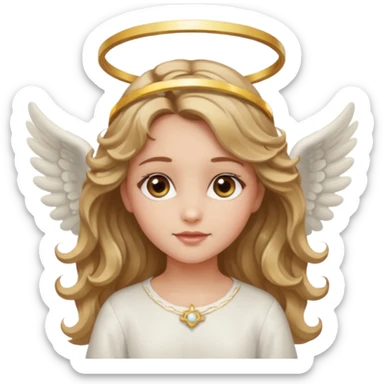 Angel girl with blondish brown wavy hair and hazel eyes and a halo sticker
