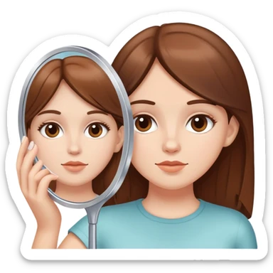 White girl with brown hair looking in a handheld mirror sticker