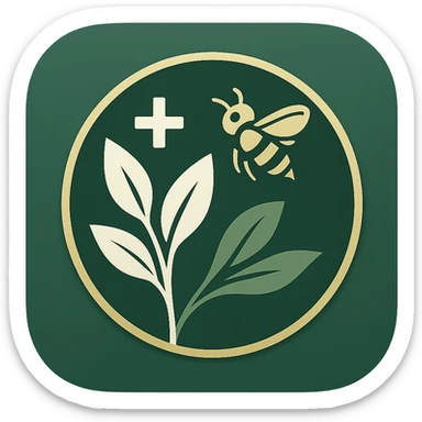 macOS CRM app icon for herbal therapy, with a circular emblem containing a stylized plant, a bee, and a subtle cross symbol, green, gold, and white color palette, sleek and professional, no text sticker