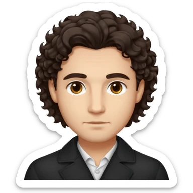 He’s a man with light to medium skin, a defined oval face, full brows, deep-set eyes, and wavy to curly dark brown hair styled with height, sides are trimmed. expression calm and focused relaxed black open-collar .polished, articulate, and trainer vibe. sticker