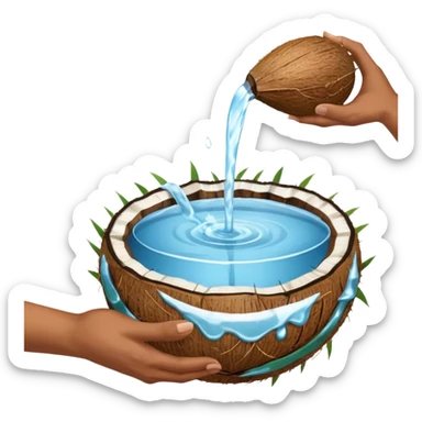 two hands with water in it, pouring the water down onto a full coconut sticker