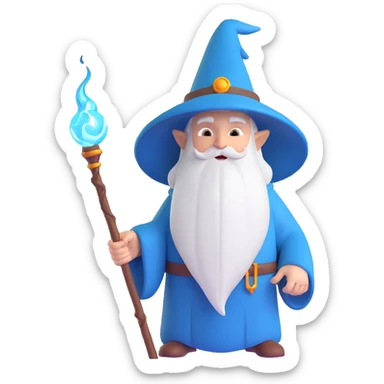 strange wizard, memoji style, exaggerated facial features, holding a glowing staff sticker