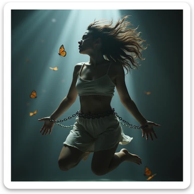 A hyperrealistic 4K image of a woman floating with wild and tense hair, chains of anxiety binding her limbs, anxious and desperate expression, butterflies unable to escape, dramatic lighting, scene full of anxiety. sticker