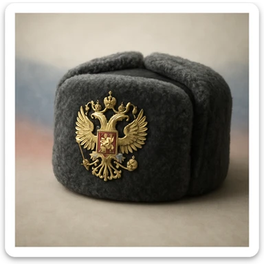 Russian hat ushank with the coat of arms of Russia, with background sticker