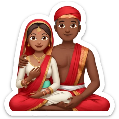 an indian bride sitting on her fathers lap. father is wearing a dhoti, shirtless and sitting on a chai sticker