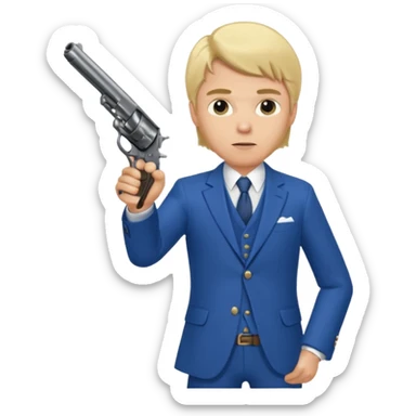 A blond man in a blue suit with a Colt pointing forward. sticker