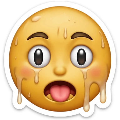 Generate a distressed and sweaty round emoji with white tears dripping off of its tongue sticker
