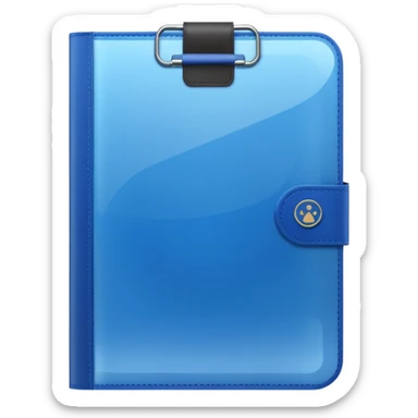 A translucent blue plastic folder with rounded corners, elastic string and button closure, soft matte finish, and a passport/travel symbol.  sticker