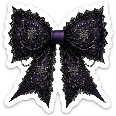 Make the purple gothic bow even more dramatic: larger, with exaggerated pointed ends, extra lace, and ornate silver chains. Keep the background transparent. Maintain the gothic style and intricate details. sticker