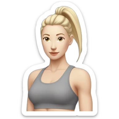 Pale skinned fit woman In a gray tight yoga suit With ash blonde hair in a ponytail doing yoga sticker