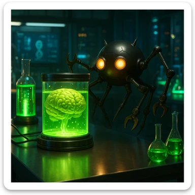 Lighten the genetics lab scene, add glowing scientific equipment and a brain floating in glowing green liquid. Make the scene more realistic with detailed lighting and reflections, emphasizing a realistic style with intricate light play and reflections. sticker