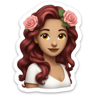 Beautiful, rose, red, flowers in hair, long dark brown hair, white fair skin sticker
