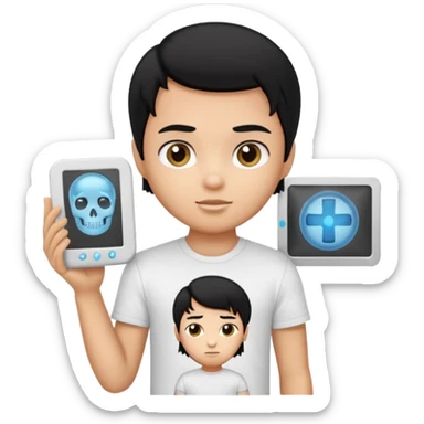 generate a pretty bratz emoji of a boy with black hair wearing a white tshirt and holding a cT sticker