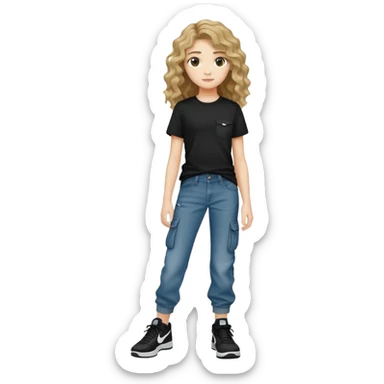 Ragazza di 13 anni con capelli mossi e vestita con dei jeans cargo e magl8a nera  con anche delli nike sticker