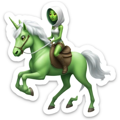 a green amazon alien woman on a four-legged white unicorn sticker