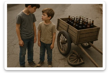 Bir g'ildiragi singan ichimliklar ortilgan arava uning yonida aka uka bir biriga havotirli nigoh bilan qarab turibdi realistik uslubda yuzi ko'rinmasin sticker