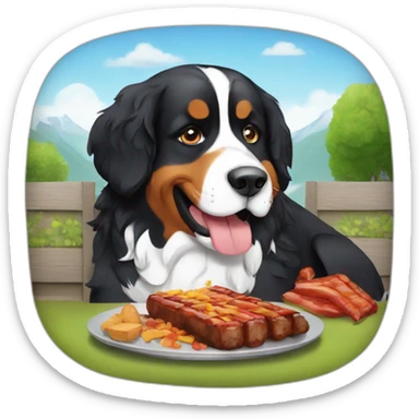 Bernese mountain dog eating a barbecue sticker