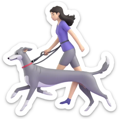 Japanese girl with flowing hair walking a solid grey greyhound with no white markings sticker