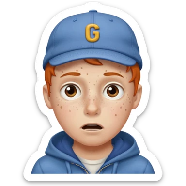 Um garoto branco, com a feição de assustado, usando um boné da Guccy sticker
