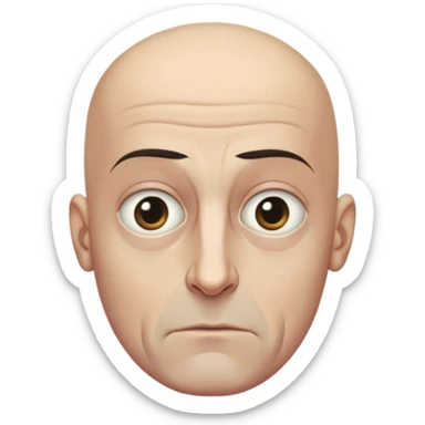 Steven Miller, bald, very grim expression, very narrow rectangular head, pronounced sagging eyelids lower on the outer sides, bottom lip sticking out sticker