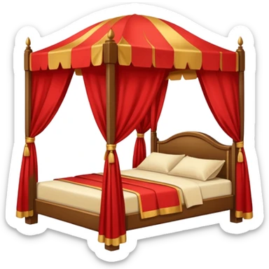 bed with red and gold sheets, wooden, canopy, simple sticker