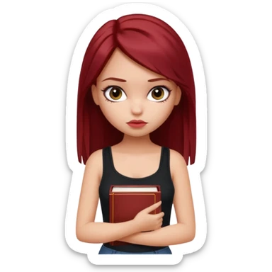 a pretty bratz fair girl with dark red straight hair, black cami top, looking sad holding books sticker