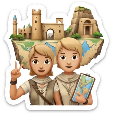Icon for Documentary Film (TV style): A traveler pointing backward and narrating in front of ancient ruins. Include elements like historical landmarks, maps, and exploration tools to evoke a sense of adventure. Transparent background. sticker