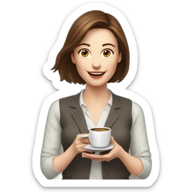 woman with brown hair and pale skin juggling with coffee cups and mini laptops portrait sticker