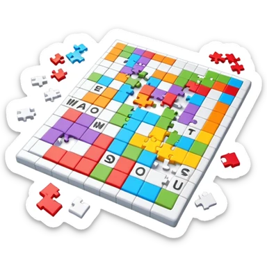 A photorealistic icon with a colorful, fragmented crossword magazine, a 3D puzzle, and a partially completed puzzle on a table. Bright, detailed design with realistic lighting. Transparent background, clearly symbolizing puzzles and brain games. sticker