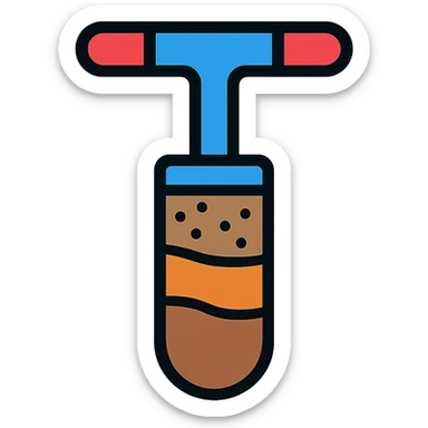 color illustration of a soil core tool with a visible soil sample inside, emphasizing the tool's function sticker
