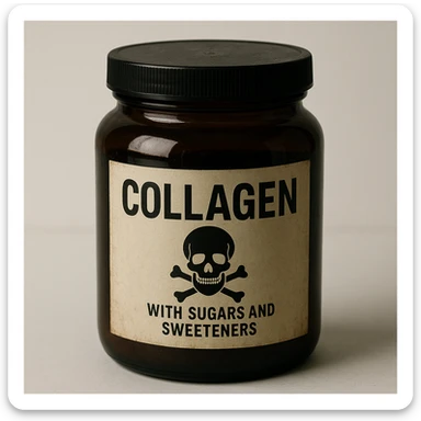 realistic collagen jar with label indicating presence of sugars and sweeteners, poison or danger symbol, dark atmosphere, realistic details, white background sticker