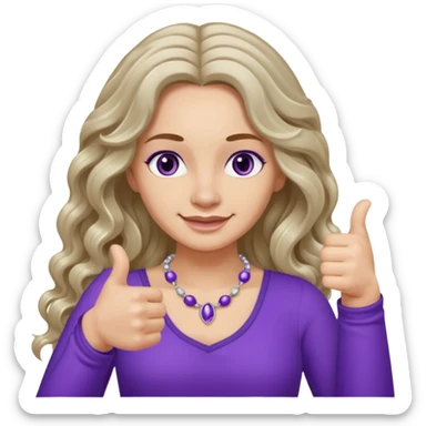 lady with long wavy русые hair, purple top, коричневыми eyes, thumbs up, с бусами белые и серебром на шее sticker