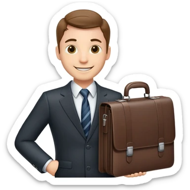 classic salesman with a suit and tie, smiling, holding a briefcase sticker