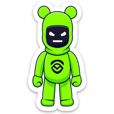 cool bearbrick wearing a vibrant lime green balaclava with a dark symbol sticker