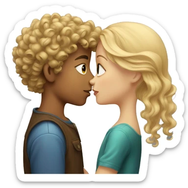 A blonde girl kisses a boy with curly brown hair sticker