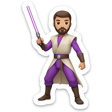 white man with dark brown beard and goatee  standing in a fighting pose holding a purple lightsaber  sticker